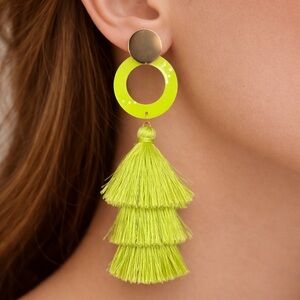 Neon Yellow/Green Tassel Earrings Gold Tone